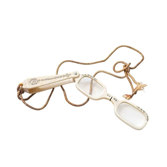 Antique Edwardian Rhinestone Lorgnette Opera Glasses Folding Handle with Case - Picture 4 of 10